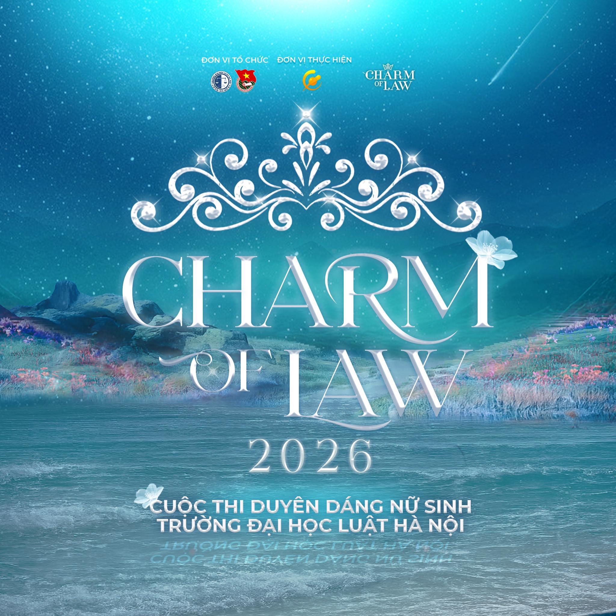 Bộ nhận diện của Charm Of Law 2026 với màu chủ đạo là xanh ngọc - tượng trưng cho sự giao thoa của sông nước và núi non, thể hiện sâu sắc tinh thần tươi trẻ, tràn đầy sức sống của mùa giải năm nay.